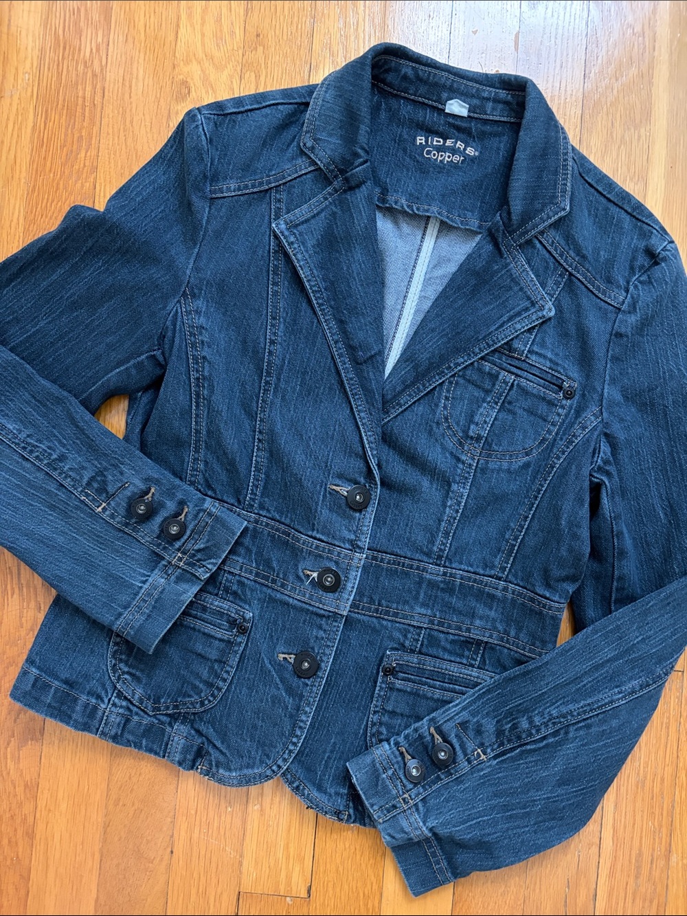 Riders Copper Stretch Denim Blazer Medium Dark Wash Fitted Jean Jacket Size M
